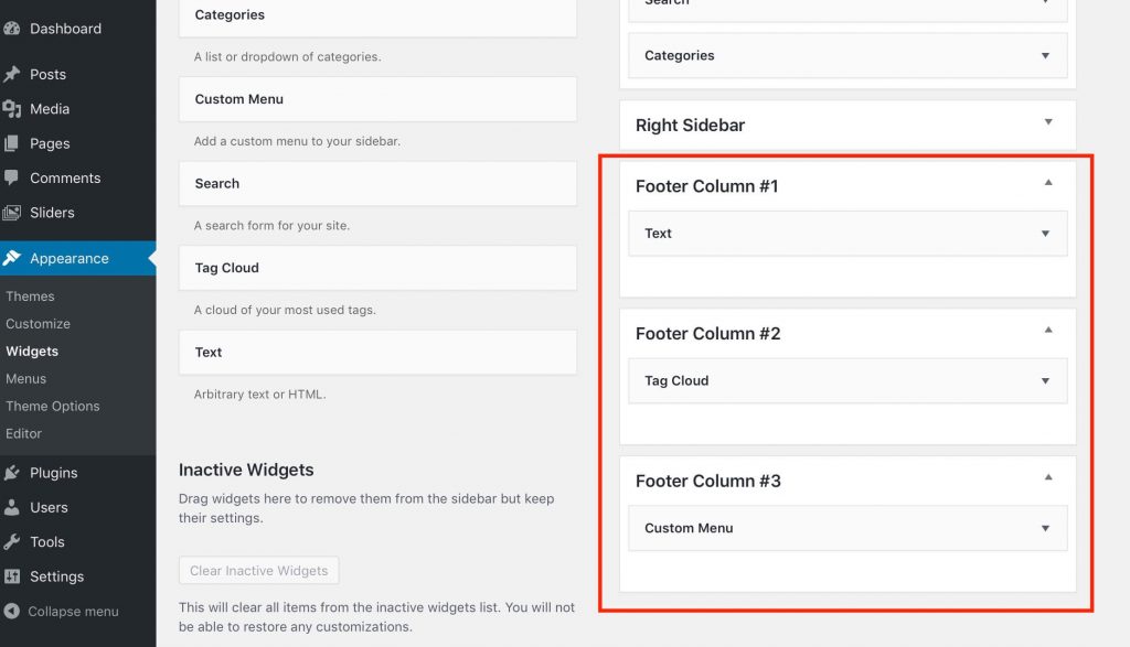 The number of available footer widget areas after setting it in Theme Options